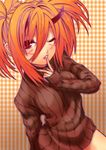  absurdres breasts facial_tattoo finger_to_mouth highres horns large_breasts long_sleeves looking_at_viewer one_eye_closed open_mouth orange_hair original red_eyes solo striped striped_sweater sweater tattoo twintails wisespeak 