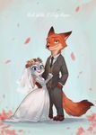  anthro blush bride buckteeth canine clothing cute disney dress duo fox fur grey_fur judy_hopps lagomorph looking_at_viewer mammal nick_wilde orange_fur rabbit size_difference smile teeth wedding_dress zootopia 