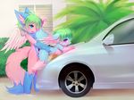  anal balls bent_over blue_eyes blush butt car crunchobar cub duo from_behind_position green_hair hair long_tail looking_back male male/male nude open_mouth outside pawpads penis purple_eyes sex size_difference unknown_species vehicle wings young 