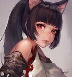  2016 animal_ears bare_shoulders dated elin_(tera) highres long_hair looking_at_viewer md5_mismatch momoko_(momopoco) open_mouth ponytail red_eyes signature smile solo tera_online 