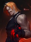  blonde_hair blood facial_hair fingerless_gloves gloves grin highres long_hair looking_at_viewer male_focus multicolored multicolored_eyes muscle mustache red_eyes rugal_bernstein smile solo tank_top the_king_of_fighters xiaoguimist 