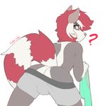  2016 ? anthro bent_over bulge butt canine clothed clothing colored crossgender derpah edit hi_res hybrid looking_at_viewer looking_back male mammal raccoon rear_view rikki signature simple_background solo watermark white_background wolf 