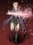  artist_name blonde_hair book boots cosplay fire_emblem fire_emblem_if gloves hood hoodie kizuki_miki leon_(fire_emblem_if) male_focus my_unit my_unit_(cosplay) petals red_eyes solo sword weapon 