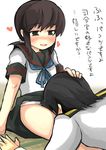  1girl admiral_(kantai_collection) black_eyes black_hair commentary face_down fubuki_(kantai_collection) gaoo_(frpjx283) hand_on_another's_head head_between_knees highres kantai_collection low_ponytail military military_uniform naval_uniform ponytail remodel_(kantai_collection) school_uniform serafuku short_ponytail sidelocks skirt skirt_lift translated uniform 