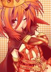  absurdres breasts cape center_opening crown dress elbow_gloves facial_tattoo finger_to_mouth gloves highres horns large_breasts looking_at_viewer one_eye_closed open_mouth orange_hair original red_eyes solo tattoo twintails wisespeak 