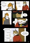  anthro blackmailz blue_eyes clothed clothing collar comic dialogue duo english_text feline green_eyes hi_res inside isaac ivan lynx male mammal sad scar sitting smile text tiger 