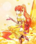  armlet belt_pouch boots breasts circlet cleavage elbow_gloves full_body gloves gorget green_eyes highres iesupa leg_armor medium_breasts ponytail pouch pyrrha_nikos red_hair rwby shield skirt smile solo weapon 