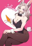  1girl animal_ears breasts bunny_ears bunnysuit carrot citemer cleavage disney fishnet_pantyhose fishnets judy_hopps nail_polish pantyhose personification silver_hair twintails zootopia 