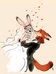  anthro bride buckteeth canine clothing cute disney dress duo fox holding_(disambiguation) judy_hopps lagomorph mammal nick_wilde rabbit size_difference smile teeth wedding_dress zootopia 