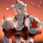  animal_ears bare_shoulders bike_shorts detached_sleeves hat inubashiri_momiji monrooru red_eyes shield solo sunset sword tail tokin_hat touhou weapon white_hair wolf_ears wolf_tail 