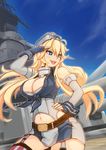  1girl blonde_hair blue_eyes breasts cleavage commentary_request fingerless_gloves garter_straps gloves historical_name_connection iowa_(kancolle) kantai_collection large_breasts long_hair military_vehicle miniskirt name_connection object_namesake ship skirt smile solo star-shaped_pupils star_(symbol) symbol-shaped_pupils thighhighs uss_iowa_(bb-61) vehicle_and_personification warship watercraft xion_(nyoxion) zettai_ryouiki 
