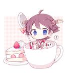 bad_id bad_pixiv_id blue_eyes brown_hair cake cup eighth_note food fruit hairband hiei_(kantai_collection) japanese_clothes kantai_collection kyou_(nekoneko) minigirl miss_cloud musical_note nontraditional_miko short_hair slice_of_cake smile spoken_musical_note spoon strawberry strawberry_shortcake 