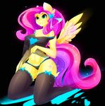  2016 anthro anthrofied bow breasts clothing cutie_mark equine feathers female fluttershy_(mlp) friendship_is_magic fur green_eyes hair hi_res horse kneeling koveliana legwear long_hair mammal my_little_pony panties pegasus pink_hair pony sheer_clothing shirt smile solo stockings thick_thighs translucent transparent_clothing underwear wings yellow_feathers yellow_fur 