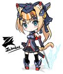  animal_ears blonde_hair blue_eyes cat_ears cat_tail chibi elbow_gloves fatkewell gloves headgear leotard long_hair original solo tail thighhighs weapon 