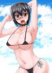  1girl black_hair blush breasts brown_eyes fang girls_und_panzer glasses kawashima_momo large_breasts open_mouth short_hair solo string_bikini swimsuit zerosu_(take_out) 