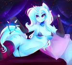  &lt;3 2016 anthro anthrofied bed blue_fur blue_hair breasts clothed clothing collar cutie_mark elbow_gloves equine female friendship_is_magic fur gloves hair hi_res horn inside jewelry koveliana legwear long_hair mammal my_little_pony navel necklace panties pillow pink_eyes side_boob skimpy solo spiked_collar stockings trixie_(mlp) under_boob underwear unicorn wide_hips 