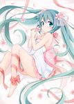  bare_legs bare_shoulders barefoot bed_sheet blue_eyes blue_hair blush bow breasts cleavage dress expressionless halterneck hatsune_miku heart heart_of_string long_hair looking_at_viewer lying medium_breasts on_side petals pink_bow pinky_out red_string ribbon see-through sleeveless sleeveless_dress snowmi solo string tareme thigh_ribbon toes very_long_hair vocaloid white_dress 