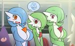  3girls ? big_breasts blue_hair blush breast_envy breasts cupcake furry gardevoir gengar green_hair group highres huge_breasts large_breasts lucy lucy_(jcdr) multiple_girls nintendo nougat nougat_(jcdr) orange_eyes pok&eacute;mon pokemon rakkuguy red_eyes shiny_pokemon small_breasts subway sweat sweatdrop thought_bubble video_games zangoose 