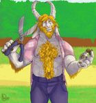  asgore_dreemurr body_hair boss_monster caprine chest_hair claws clothed clothing eyes_closed fur goat holding_object male mammal monster nikodavis nipples open_shirt pecs pubes smirk stomach_hair undertale video_games watermark white_fur yellow_fur 