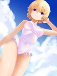  adjusting_hair blonde_hair blue_eyes braid breasts cloud covered_navel darjeeling day frilled_swimsuit frills from_below girls_und_panzer groin highres looking_at_viewer medium_breasts one-piece_swimsuit shiny shiny_skin sky solo sweat swimsuit tabigarasu thighs wet white_swimsuit 