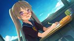  :o ao_no_kanata_no_four_rhythm arisaka_mashiro blue_sky blush book brown_hair cloud day dutch_angle glasses indoors long_hair looking_at_viewer open_mouth pen pencil_case purple_eyes red-framed_eyewear sky solo suzumori twintails window writing 