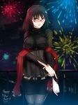  2014 absurdres ahoge black_hair blush contrapposto dated fireworks glasses highres long_hair looking_at_viewer lucrecia_ishterasha miniskirt open_mouth original pantyhose parted_lips shawl side_slit skirt solo standing swordwaltz turtleneck yellow_eyes 