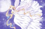  angel_wings bead_bracelet beads bishoujo_senshi_sailor_moon blonde_hair blue_eyes bracelet double_bun dress earrings flower from_side hair_flower hair_ornament highres jewelry lips long_dress long_hair looking_at_viewer moon princess_serenity shiny solo sparkle tsukino_usagi twintails very_long_hair white_dress wings yumiko_shirane 