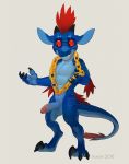  2018 abs alternate_species anthro balls biceps blue_skin chain claws dinosaur erection feathers fory gold_chain horn invalid_tag kobold korichi male penis raptor red_eyes red_feathers reptile scalie smile solo stripes theropod 