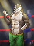  2015 5_fingers abs athletic badger biceps black_fur clothed clothing eyebrows fighting_ring fur green_eyes k-9 male mammal muscular muscular_male mustelid nipples pants pecs raised_arm smile solo standing topless two_tone_for white_fur wrestler 