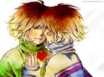  androgynous bandaid bandaid_on_face brown_hair chara_(undertale) closed_eyes different_reflection frisk_(undertale) hair_over_eyes heart hug long_sleeves mirror multiple_others qin-ying red_eyes reflection short_hair simple_background sleeves_past_wrists spoilers striped striped_sweater sweater undertale watermark web_address white_background 