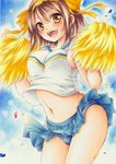  :d bangs blush brown_eyes brown_hair cheerleader crop_top hair_ribbon hairband marker_(medium) midriff miniskirt navel open_mouth orange_hairband panties pantyshot pom_poms ribbon short_hair skirt smile solo stomach suzumiya_haruhi suzumiya_haruhi_no_yuuutsu traditional_media underwear yuuna_katsumi 