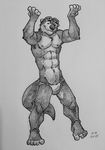  2015 5_fingers 5_toes abs anthro athletic biceps bulge clothed clothing eyebrows eyewear fur goggles greyscale humanoid_feet k-9 male mammal monochrome muscular muscular_male mustelid nipples otter pecs plantigrade raised_arm simple_background solo speedo standing swimsuit toes topless 