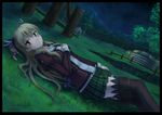  absurdres alisa_reinford blonde_hair blush boots brown_footwear brown_legwear eiyuu_densetsu grass hair_ornament hair_ribbon hand_on_own_chest highres long_hair looking_at_viewer lying mountain night night_sky on_back outdoors ribbon sen_no_kiseki sky smile solo star_(sky) starry_sky tent thigh_boots thighhighs tree two_side_up uniform yinzhai zettai_ryouiki 