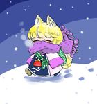  animal_ears arms_at_sides bag bangs blonde_hair blunt_bangs breath closed_eyes commentary covered_mouth footprints fox_ears fox_tail full_body handbag komaku_juushoku long_sleeves multiple_tails outdoors purple_scarf scarf scarf_over_mouth shoe_soles sleeves_past_wrists snowing solo tail touhou two_tails walking winter yakumo_ran younger 