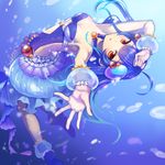  ahoge bare_shoulders blue_hair breasts cleavage dress highres konya_(chocolate_palette) leaning_back long_hair looking_at_viewer looking_back medium_breasts noa_(shironeko_project) red_eyes shironeko_project solo two_side_up underwater wrist_cuffs 