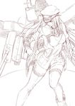  anchor bare_shoulders bismarck_(kantai_collection) boots breasts cannon commentary_request detached_sleeves dress greyscale hat highres kantai_collection large_breasts long_hair monochrome niwatazumi open_mouth peaked_cap rigging sketch solo strapless strapless_dress thighhighs tube_dress zettai_ryouiki 