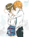  1girl blush brown_hair eye_contact forehead-to-forehead genderswap genderswap_(ftm) head_wreath hetero hoshizora_rin koizumi_hanayo looking_at_another love_live! love_live!_school_idol_project necktie orange_hair school_uniform shirt short_hair skirt smile sofy white_shirt 