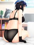  :d back bad_proportions bed bed_sheet beret black_bra black_gloves black_hair black_hat black_panties blue_hat blurry blurry_background book bookshelf bra breasts buckle depth_of_field flower_pot from_behind gloves hat highres indoors kantai_collection large_breasts light_smile mini_hat mini_top_hat on_bed open_mouth panties parted_lips plant potted_plant ranpu_(kariudo) red_eyes screen shelf short_hair sitting smile solo stuffed_animal stuffed_penguin stuffed_toy takao_(kantai_collection) tareme television top_hat underwear underwear_only 