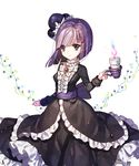  bangs black_dress blackberry_cookie blue_eyes blunt_bangs blush bow brooch candle center_frills cookie_run dress frills jewelry lolita_fashion long_sleeves personification purple_bow purple_hair short_hair solo soriya 