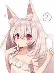  :&lt; ? animal_ear_fluff animal_ears blush collarbone dress eyebrows eyebrows_visible_through_hair finger_to_mouth fox_ears fox_tail long_hair looking_up original red_eyes shugao simple_background solo spoken_question_mark strap_slip tail white_background white_dress white_hair 