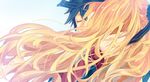  1girl alisa_reinford black_hair blonde_hair close-up closed_eyes couple eiyuu_densetsu floating_hair hair_ornament hair_ribbon hand_on_another's_head hetero hug long_hair rean_schwartzer ribbon sen_no_kiseki sen_no_kiseki_2 simple_background yuchimo 