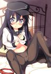  :t akatsuki_(kantai_collection) blush hat highres kantai_collection kantoku_(style) kawai long_hair panties pantyhose purple_eyes school_uniform serafuku skirt skirt_removed solo underwear 