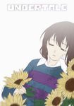  artist_name bandage_on_face brown_hair closed_eyes collar collared_shirt copyright_name flower frisk_(undertale) gnk-art highres holding holding_flower long_sleeves shirt simple_background solo striped striped_sweater sunflower sweater tearing_up undertale upper_body white_background 