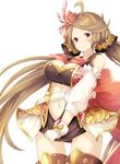  bare_shoulders belt blue_eyes blush boots breasts brown_hair commentary_request detached_sleeves dress dress_tug gloves granblue_fantasy harie_(granblue_fantasy) hat large_breasts long_hair looking_at_viewer md5_mismatch mini_hat navel solo thigh_boots thighhighs tobimura twintails white_gloves 