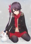  akebono_(kantai_collection) akky_(akimi1127) alternate_costume bell blush boots breath coat commentary_request flower fur_trim hair_bell hair_flower hair_ornament highres jingle_bell kantai_collection long_hair pantyhose purple_eyes purple_hair red_scarf red_skirt scarf side_ponytail sitting skirt snow snowing snowman solo sweater wariza wavy_mouth winter_clothes winter_coat 