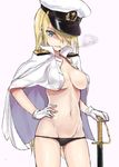  bad_id bad_pixiv_id bismarck_(kantai_collection) black_panties blonde_hair blue_eyes breasts cigarette gloves hair_over_one_eye hand_on_hip hat highres jacket kantai_collection kyouki medium_breasts no_bra open_clothes open_jacket panties peaked_cap smile smoking solo standing sword underwear weapon white_gloves 