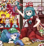  &gt;_&lt; &gt;_o aki_minoriko aki_shizuha bangs black_wings blue_eyes blue_hair bow character_doll cirno closed_eyes dress eyebrows eyebrows_visible_through_hair food frog_hair_ornament fruit grapes green_eyes green_hair hair_bobbles hair_bow hair_ornament hair_ribbon hair_tubes hat highres hinamatsuri inubashiri_momiji japanese_clothes kagiyama_hina kawashiro_nitori kimono kneeling kochiya_sanae mountain_of_faith multiple_girls mystia_lorelei obi on_floor one_eye_closed puffy_short_sleeves puffy_sleeves red_bow red_ribbon ribbon rope rumia ruu_(tksymkw) sash shameimaru_aya shimenawa short_sleeves snake_hair_ornament team_9 tokin_hat touhou wings wriggle_nightbug yasaka_kanako 