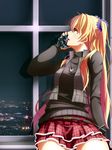  alisa_reinford alternate_costume belt blonde_hair eiyuu_densetsu hair_ornament hair_ribbon highres indoors jewelry long_hair looking_up miniskirt necklace night ribbon sen_no_kiseki skirt solo sweater talking_on_phone tinybiard two_side_up vest window 