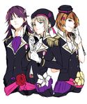  a-rise brown_hair epaulettes flower genderswap genderswap_(ftm) gloves green_eyes grey_hair hair_ornament hairclip hat kira_tsubasa long_hair looking_at_viewer love_live! love_live!_school_idol_project male_focus mole mole_under_eye multiple_boys purple_eyes purple_hair rose shocking_party smile sofy toudou_erena white_gloves yuuki_anju 