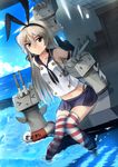  &gt;_&lt; :3 :d anchor anchor_hair_ornament bare_shoulders belly_peek black_panties blonde_hair blue_sky blush box brown_eyes closed_eyes cloud collarbone crate crop_top day elbow_gloves gloves hair_between_eyes hair_ornament hairband highleg highleg_panties highres kantai_collection lifebuoy long_hair miniskirt navel open_mouth panties partially_submerged pleated_skirt rensouhou-chan sailor_collar school_uniform serafuku shimakaze_(kantai_collection) sitting skirt sky smile striped striped_legwear swordwaltz thighhighs turret underwear water white_gloves |_| 